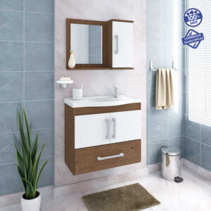 Kit Gabinete e Espelheira Atenas Amêndoa / Branco 65 cm | MGM Móveis