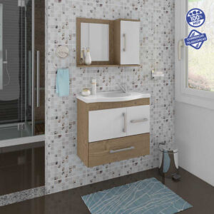Kit Gabinete e Espelheira Fortaleza Branco / Carvalho 65 cm | MGM Móveis